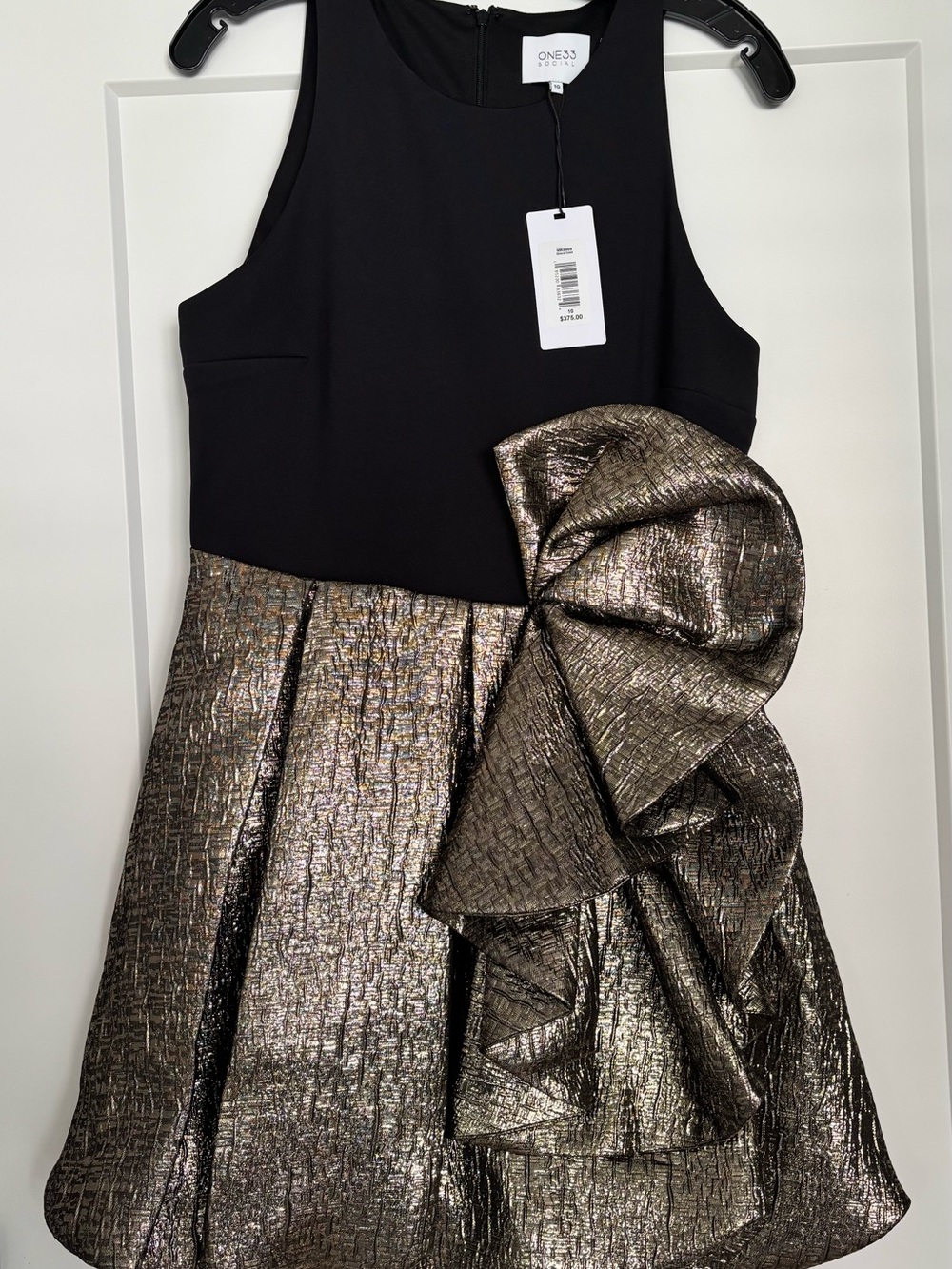 Black & Metallic Gold Bow-Accent Party Dress